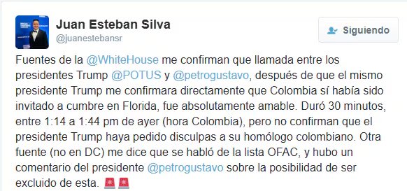Mensaje publicado por el periodista Juan Esteban Silva en X, en el que asegura que durante la llamada telefónica entre Donald Trump y Gustavo Petro se habría mencionado la posibilidad de revisar la inclusión del mandatario colombiano en la llamada “lista Clinton” - crédito Juan Esteban Silva/X