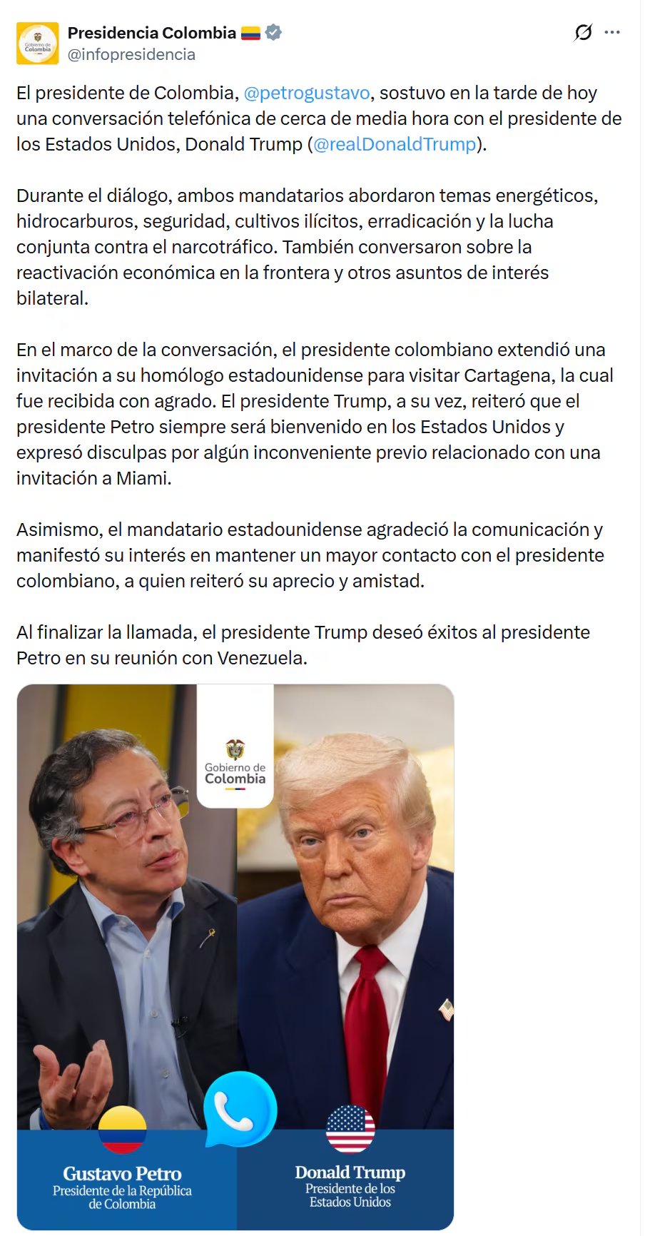 Captura de pantalla tomada de la cuenta oficial @infopresidencia en la red social X donde se muestra un mensaje que da detalles de la conversación telefónica que sostuvieron el presidente de Colombia, Gustavo Petro, y su homologo estadounidense, Donald Trump. Trump deseó este jueves suerte a Petro en la reunión que mantendrá el viernes con la presidenta encargada de Venezuela, Delcy Rodríguez. EFE/ @infopresidencia
