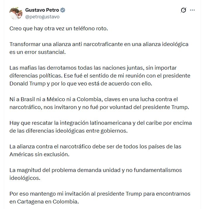 El presidente Gustavo Petro echó en cara al gobierno de Donald Trump que Colombia y otros países fueron excluidos de una cumbre de naciones de América - crédito @peterogustavo/X