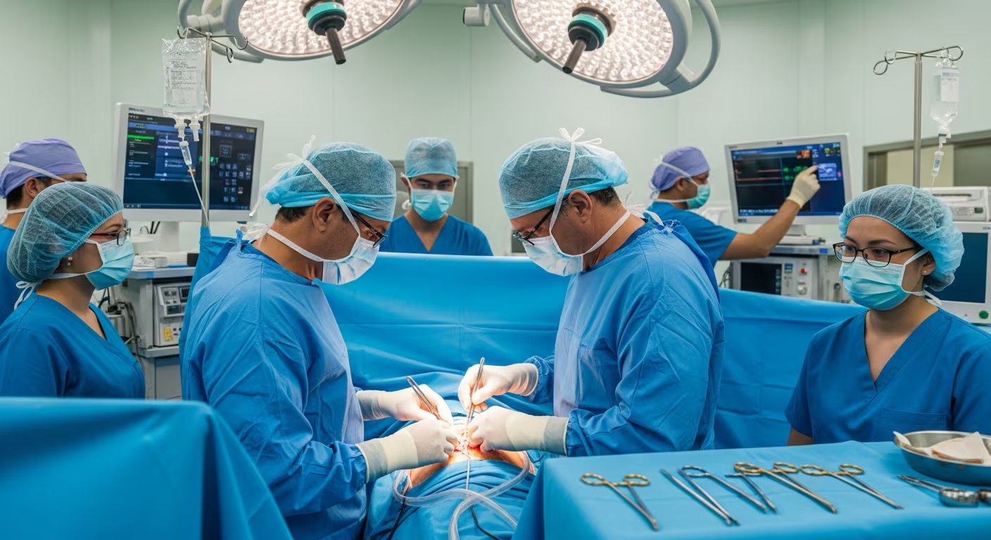 Equipo médico realiza una intervención de cáncer colorrectal en un quirófano equipado con tecnología avanzada. (Imagen Ilustrativa Infobae)