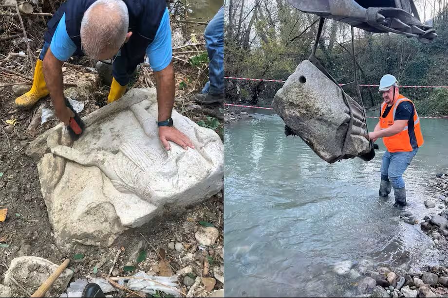 Un voluntario local identificó los restos tras un desbordamiento, lo que permitió localizar bloques escultóricos poco habituales en contextos funerarios y que ahora están bajo estudio científico y custodia especializada. (EFE)