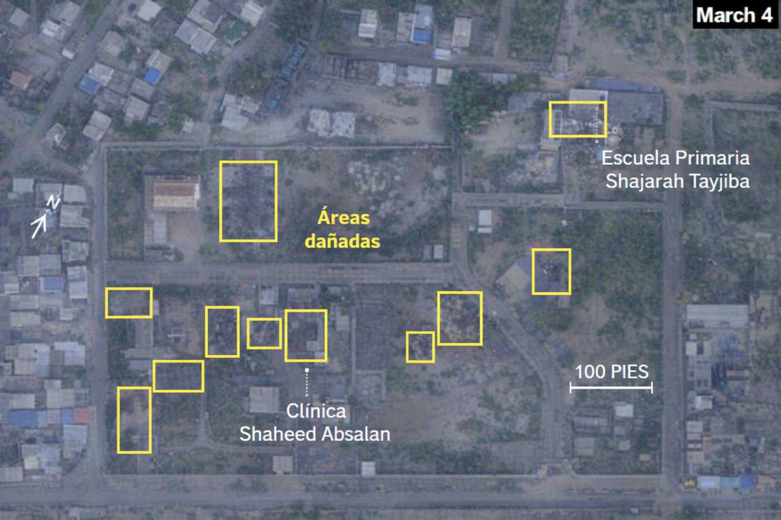 Una vista aérea del 4 de marzo revela áreas dañadas, incluyendo la Escuela Primaria Shajarah Tayjiba y la Clínica Shaheed Absalan, en una zona residencial. (Imagen Ilustrativa Infobae)
