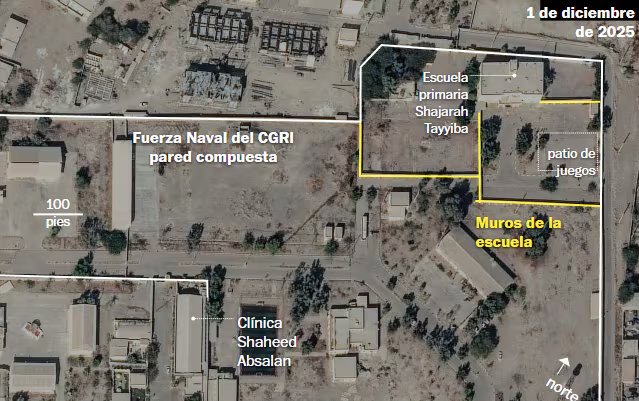 Vista aérea de un complejo de la Fuerza Naval del CGRI, una escuela primaria Shajarah Tayyiba y una Clínica Shaheed Absalan en Irán (Vantor)