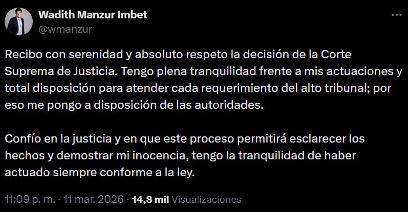 Manzur afirmó que respeta la decisión judicial y que se pondrá a disposición de las autoridades. - crédito @wmanzur/X