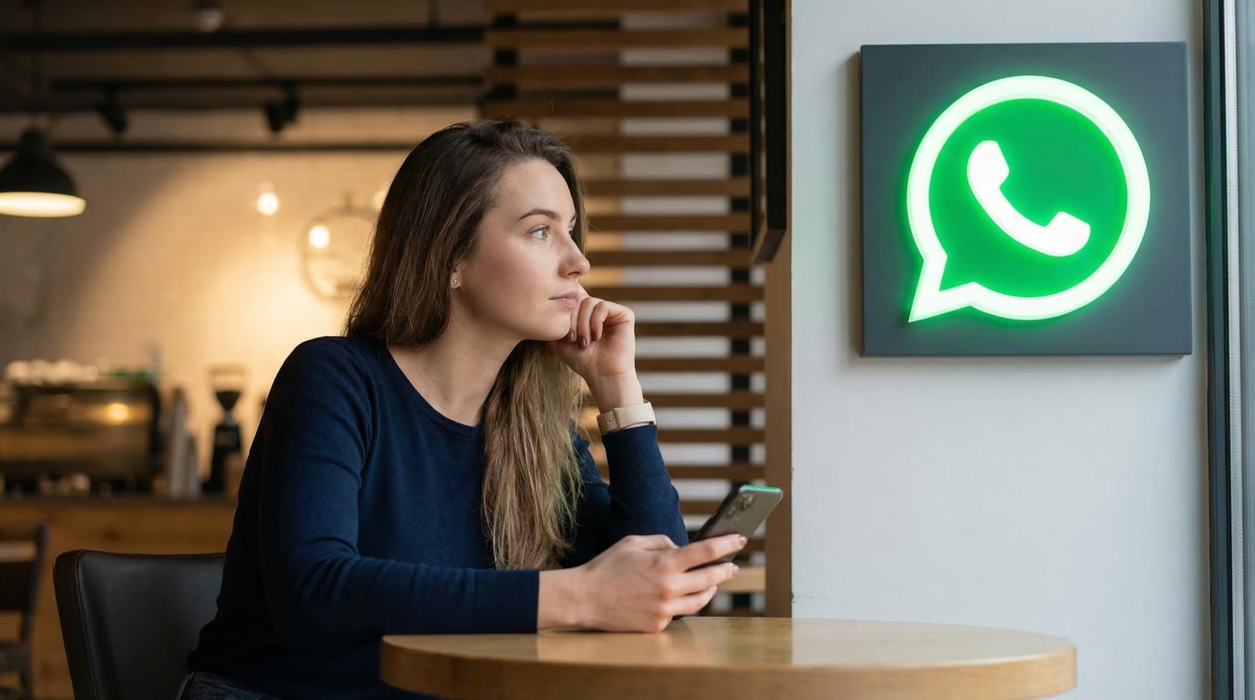 Una mujer joven revisa su teléfono móvil junto al logo de WhatsApp en una cafetería. (Imagen Ilustrativa Infobae)