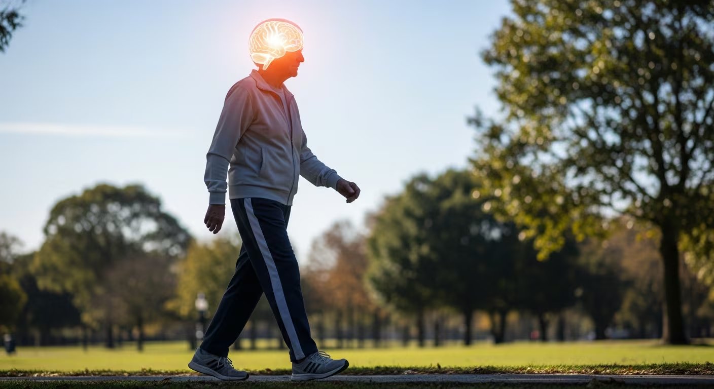 Una persona mayor con ropa deportiva camina en un parque, con una representación visual que ilumina su cerebro, simbolizando la activación mental durante el ejercicio físico. (Imagen Ilustrativa Infobae)
