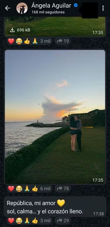 Desde su canal de difusión, Ángela Aguilar compartió una tierna imagen abrazada a una persona, con un pintoresco atardecer sobre el mar de fondo, desatando especulaciones sobre su vida amorosa. (WhatsApp)