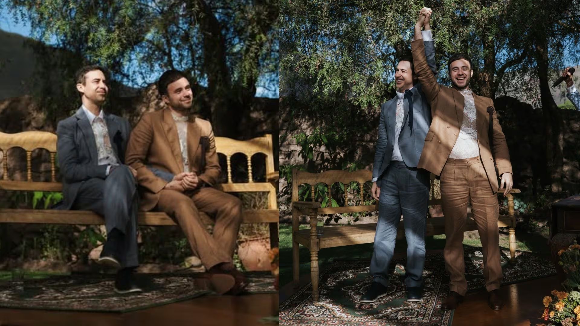 Bruno Ascenzo y Adrián Bello publican las primeras imágenes oficiales de su boda en Cusco, mostrando momentos de alegría en su celebración nupcial.