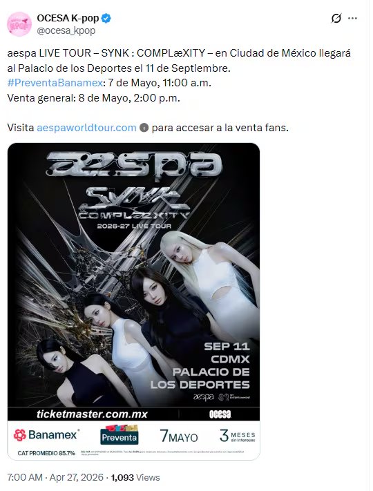 Ocesa K-pop confirma el concierto de Aespa el próximo 11 de septiembre en el Palacio de los Deportes. (captura de pantalla)
