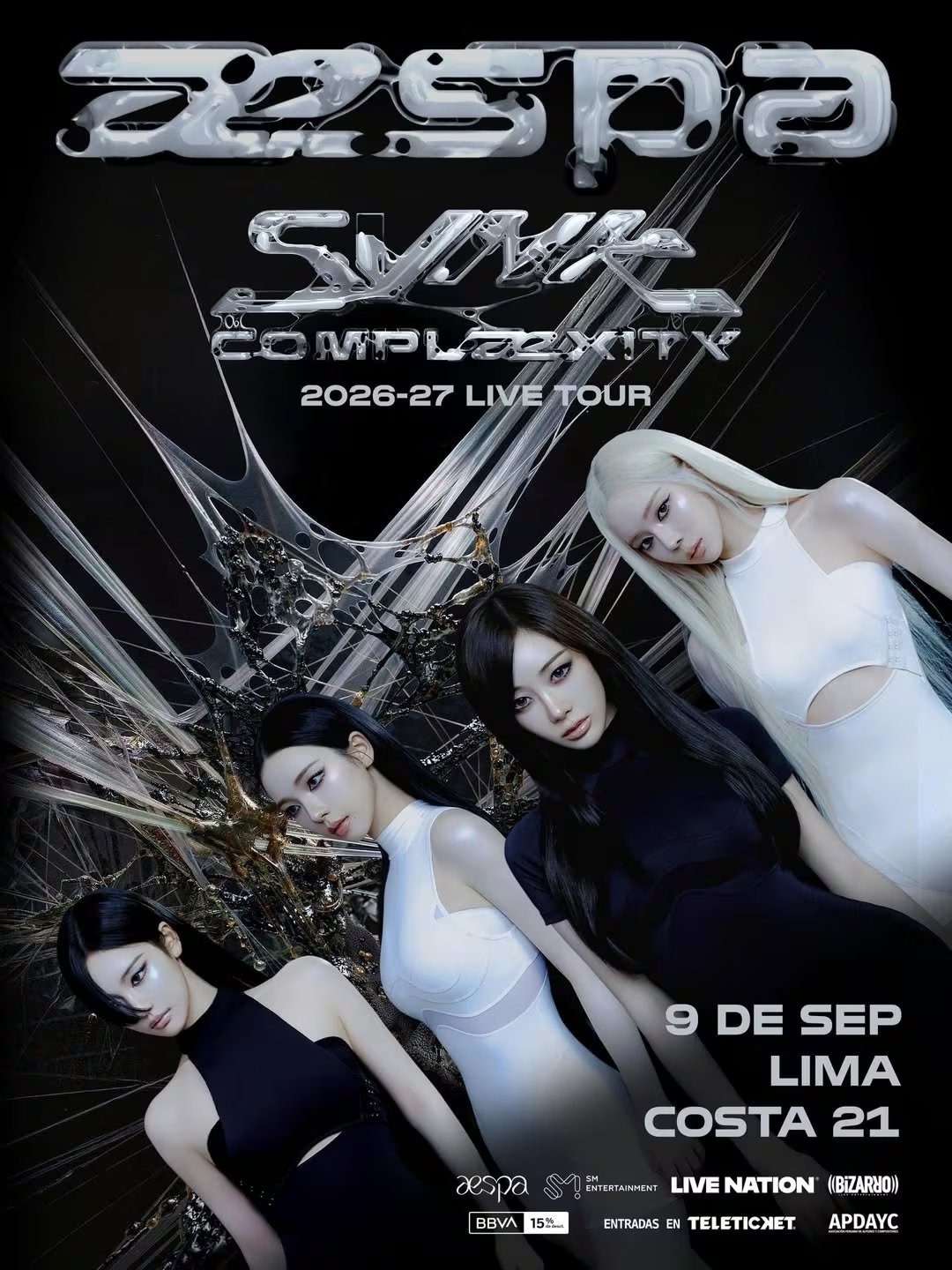 Póster oficial de Aespa para su gira 'SYNK: COMPLæXITY', confirmando una fecha en Lima, Perú, el 9 de septiembre en Costa 21.