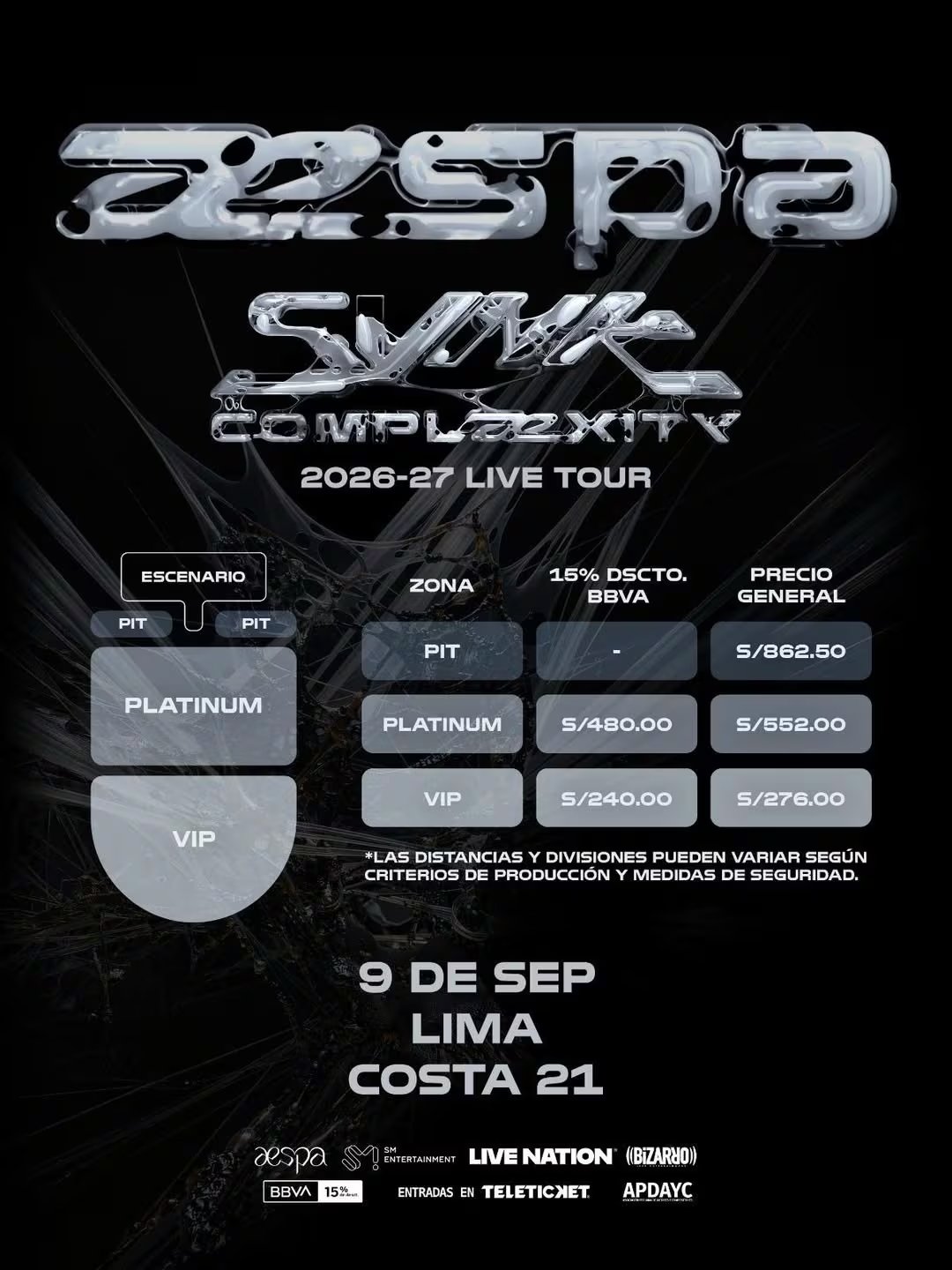 El cartel promocional de Aespa en Lima detalla las fechas, zonas y precios de entradas para su gira SYNK: COMPLæXITY programada para 2026-27 en Costa 21.