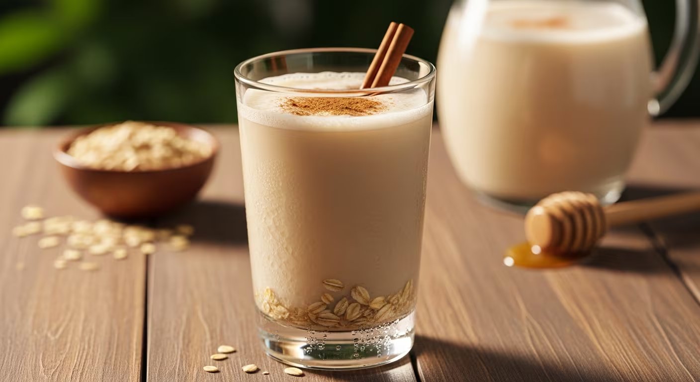 El agua de avena se prepara con ingredientes básicos como avena, agua, leche opcional, azúcar, vainilla, canela y hielo, todos fáciles de conseguir en casa. - (Imagen Ilustrativa Infobae)