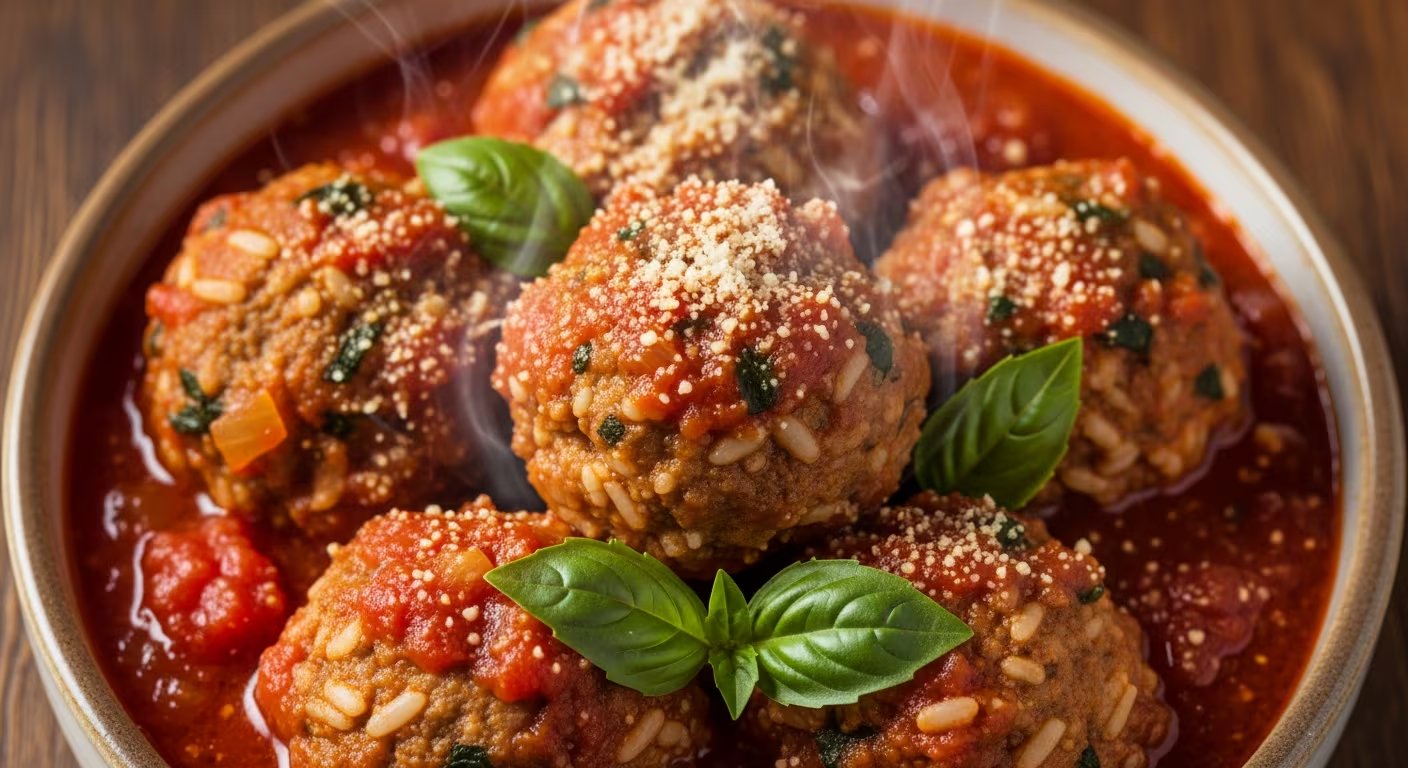 Un plato humeante de albóndigas caseras bañadas en salsa de tomate, espolvoreadas con queso y adornadas con hojas frescas de albahaca, listas para degustar. (Imagen Ilustrativa Infobae)