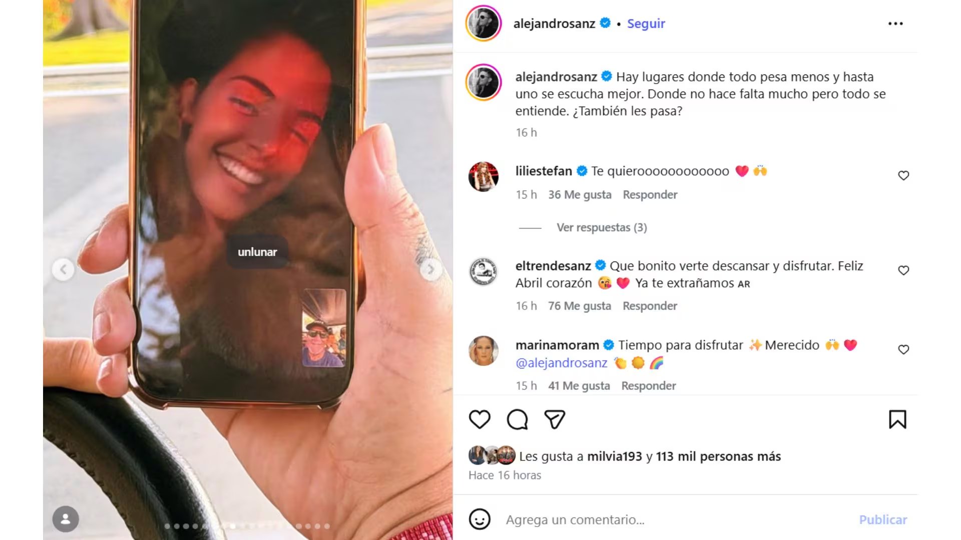 Alejandro Sanz publicó en Instagram una tierna imagen de su videollamada con Stephanie Cayo, acompañada de un mensaje afectuoso que generó revuelo en sus seguidores.