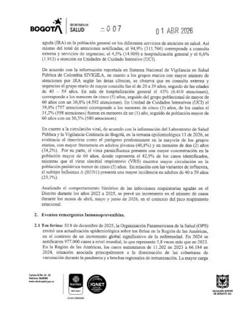 La ocupación hospitalaria supera el 90% en Bogotá por escalada de infecciones y enfermedades prevenibles - crédito Secretaría de Salud