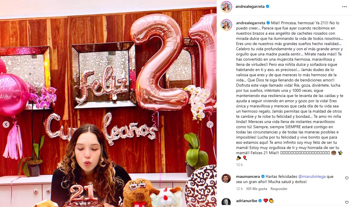 Mía Rubín celebra sus 21 años, rodeada de globos y con un emotivo mensaje de felicitación de su madre, Andrea Legarreta. (Instagram: @andrealegarreta)