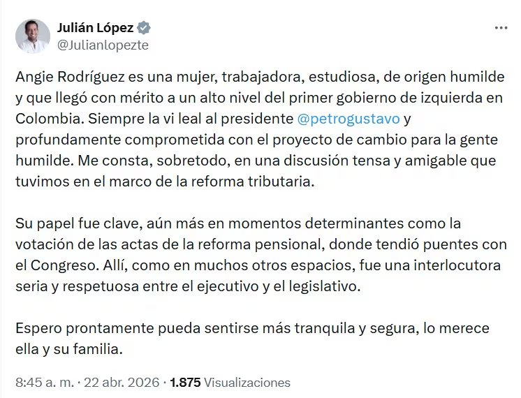 Presidente de la Cámara de Representantes, Julián López, sobre declaraciones de Angie Rodríguez - crédito @Julianlopezte/X
