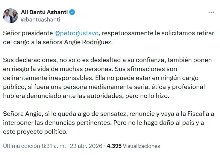 Alí Bantú Ashanti defiende al Gobierno luego de acusaciones de Angie Rodríguez - crédito @bantuashanti/X