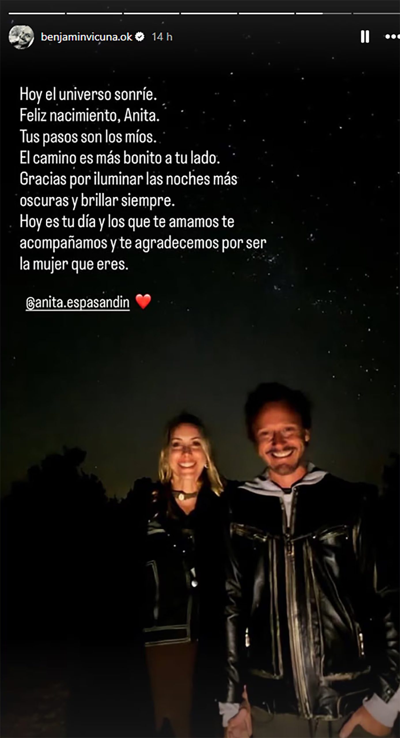 La dedicatoria de Benjamín Vicuña a Anita Espasandín en su último cumpleaños
