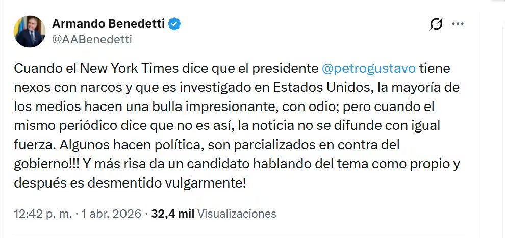 Armando Benedetti aseguró que la información sobre Petro fue difundida con sesgo - crédito @AABenedetti/X