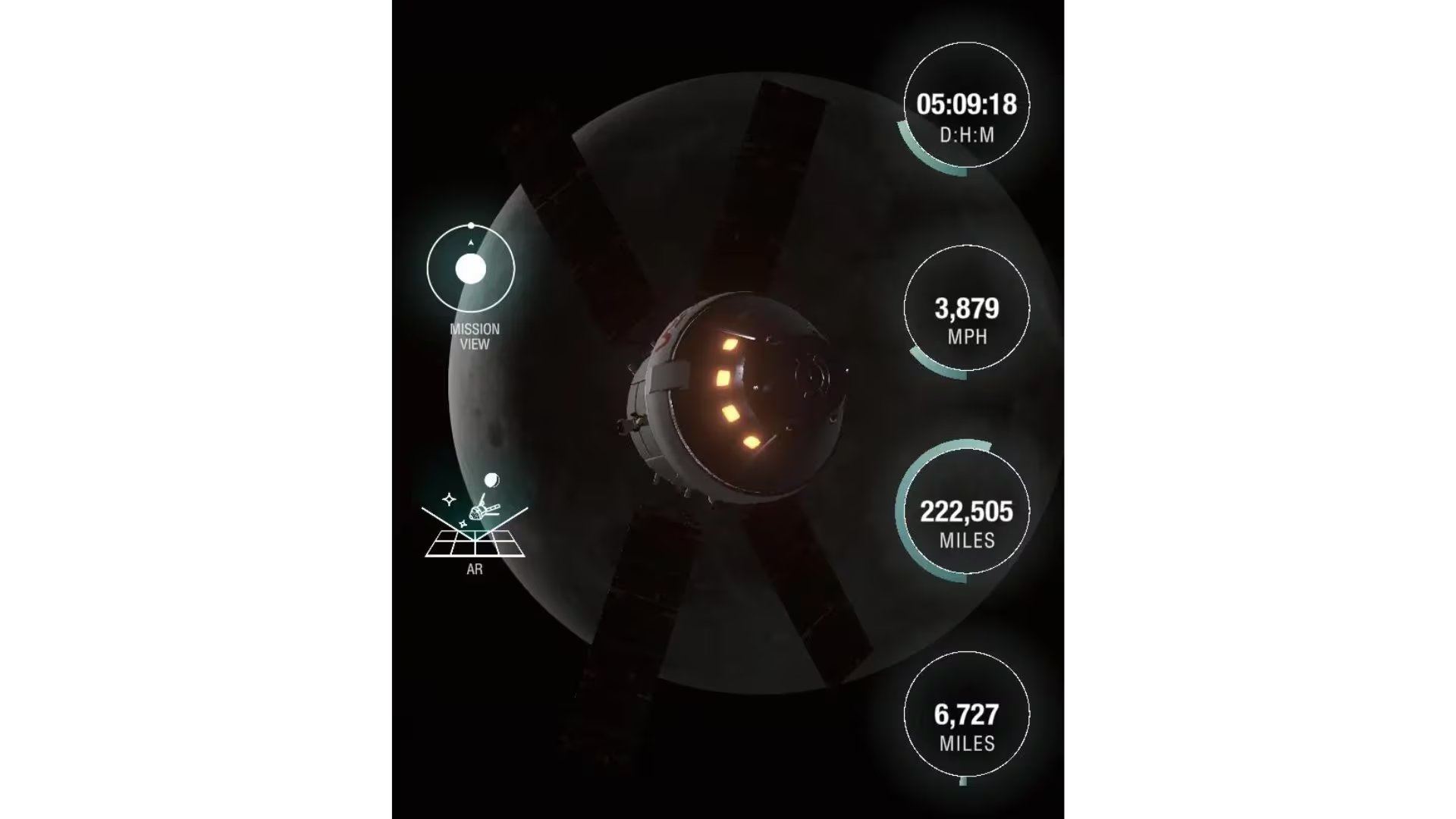 Visualización del viaje de Orión desde la aplicación. (NASA)