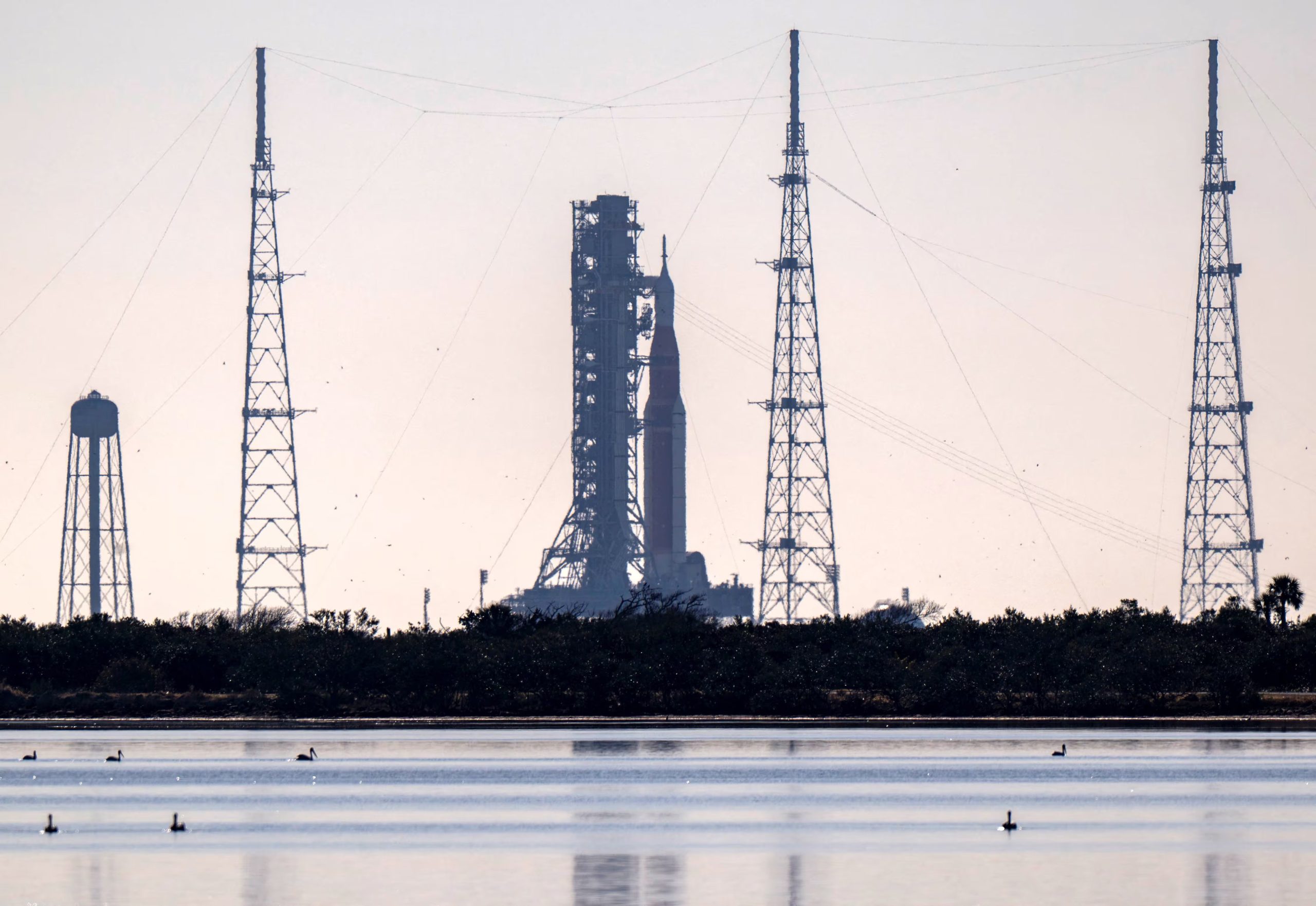The Space Launch System (SLS), with the Orion crew capsule, stands at launch complex 39B as preparations continue for the Artemis 2 mission to the Moon at Kennedy Space Center in Cape Canaveral, Florida, U.S., February 10, 2026. REUTERS/Steve Nesius