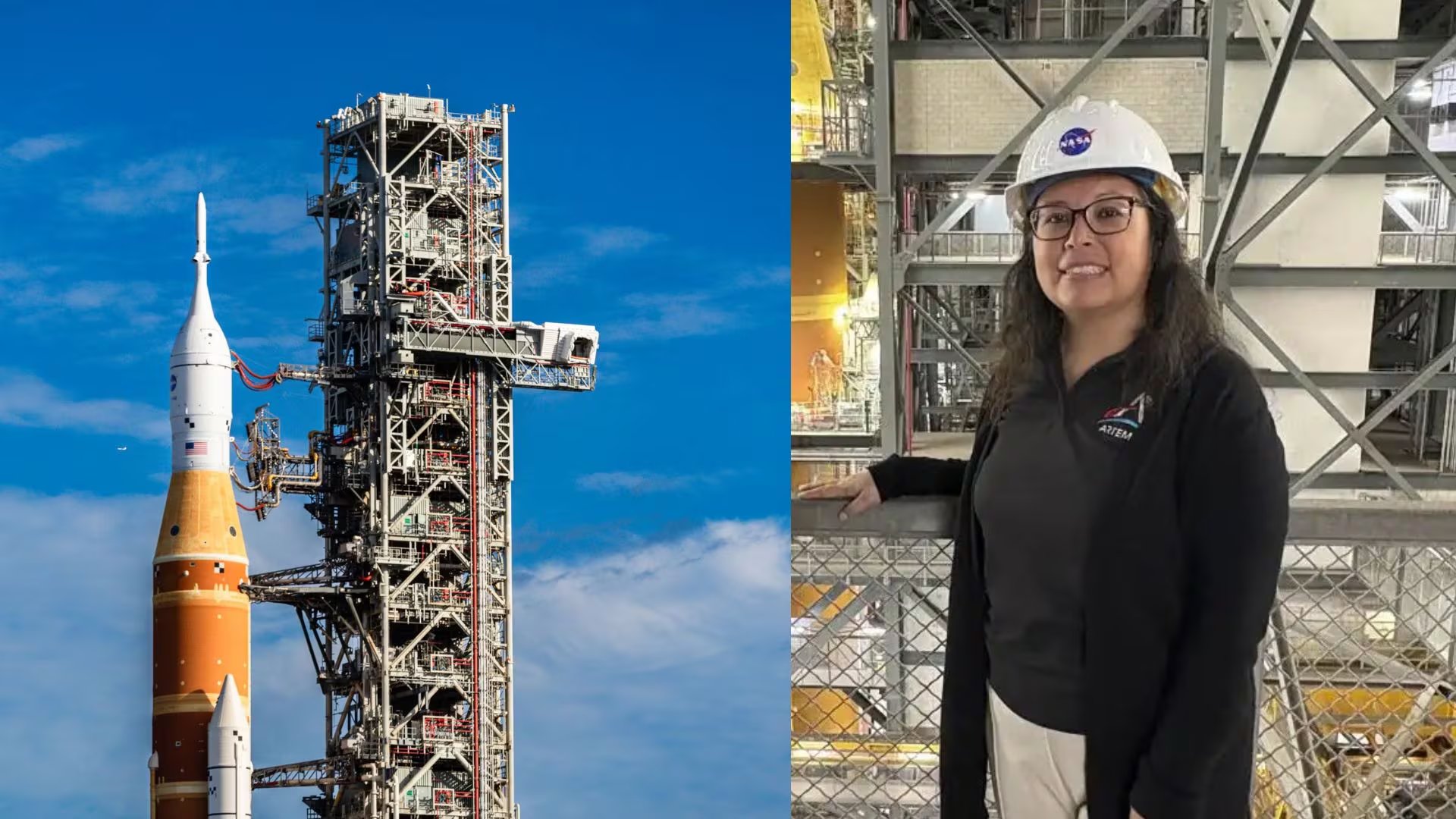 Una ingeniera de la NASA posa sonriente junto a la estructura de un cohete mientras se preparan para el programa Artemis, que busca llevar a la humanidad de vuelta a la Luna. (Andina)
