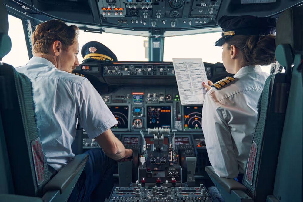 Pilotos en la cabina de un avión (Shutterstock).