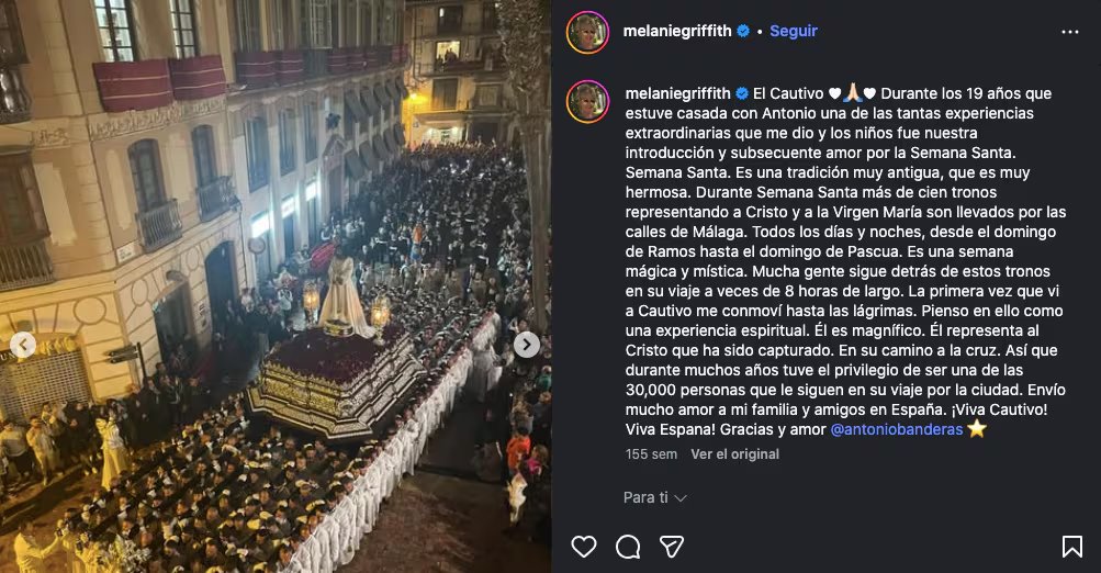 Captura de la publicación de Melanie Griffith en Instagram (@melaniegriffith).