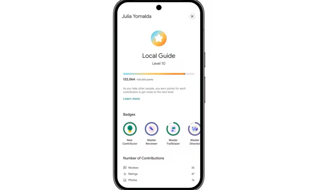 Los Guías Locales ganan puntos al subir fotos, escribir reseñas, responder preguntas o verificar información.
(Google)