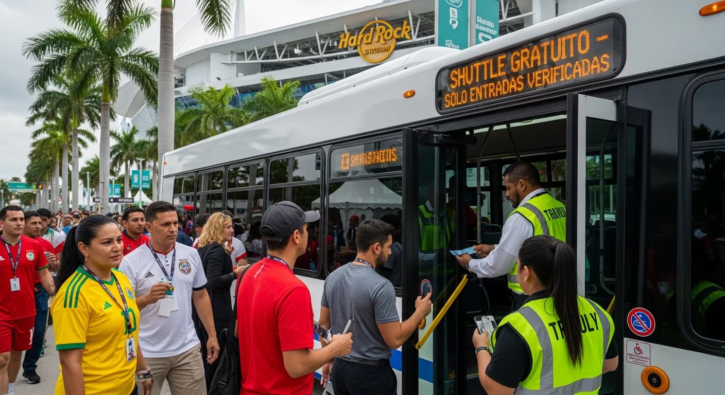 Aficionados son recibidos por personal de seguridad al abordar un shuttle gratuito que los lleva al Hard Rock Stadium en Miami para un evento deportivo internacional - crédito Imagen Ilustrativa Infobae
