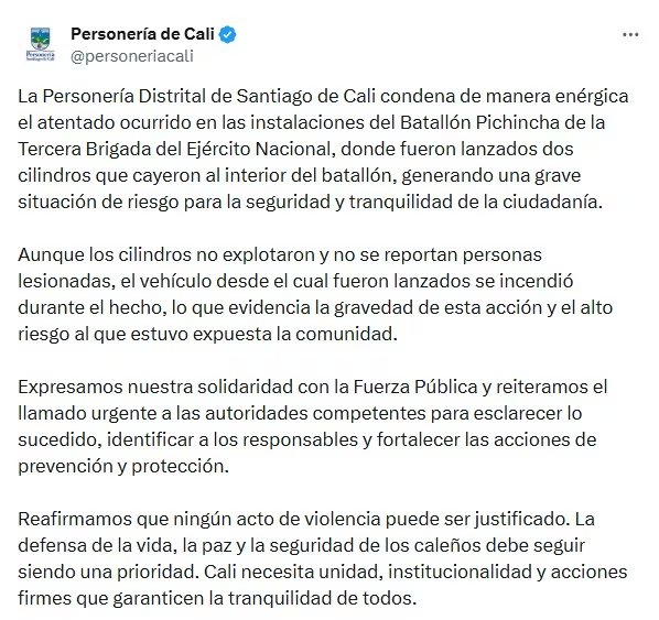 La Personería Distrital de Santiago de Cali se manifestó tras la reciente detonación en las instalaciones del Batallón Pichincha de la Tercera Brigada del Ejército Nacional - crédito @personeriacali/X