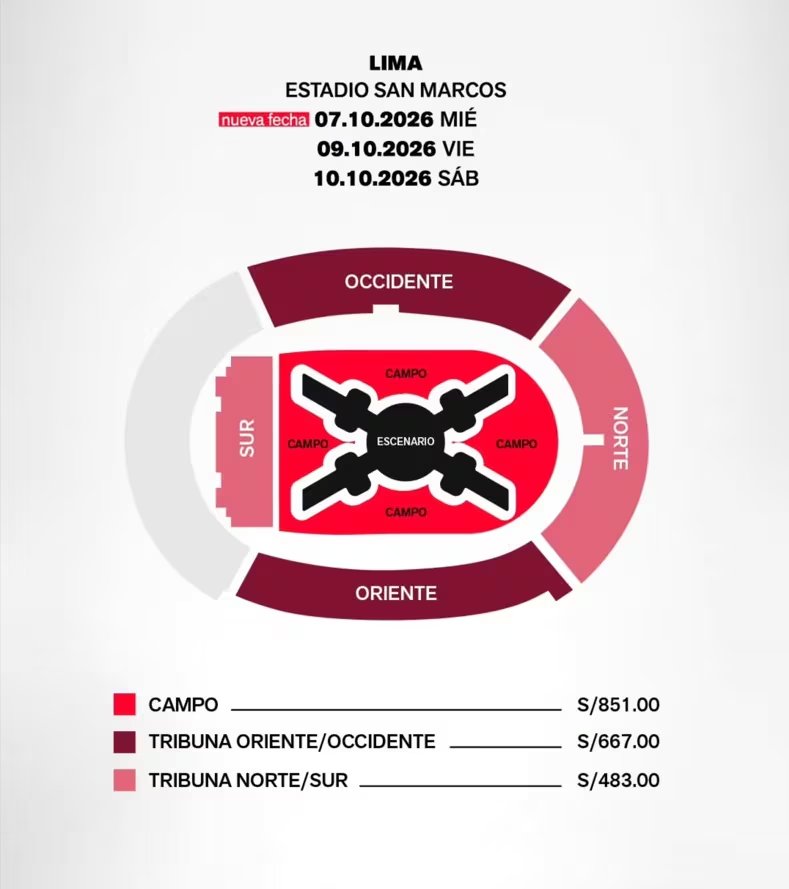 La venta general para los conciertos del 7, 9 y 10 de octubre inicia el 10 de abril en Ticketmaster.pe.