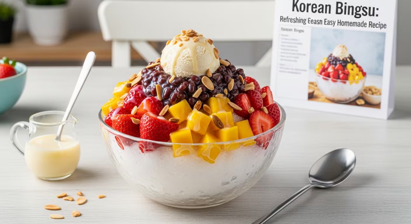 Un tazón grande de Bingsu coreano con hielo raspado, fresas, mango, frijoles rojos dulces, una bola de helado y almendras, acompañado de leche condensada y una cuchara. (Imagen Ilustrativa Infobae)