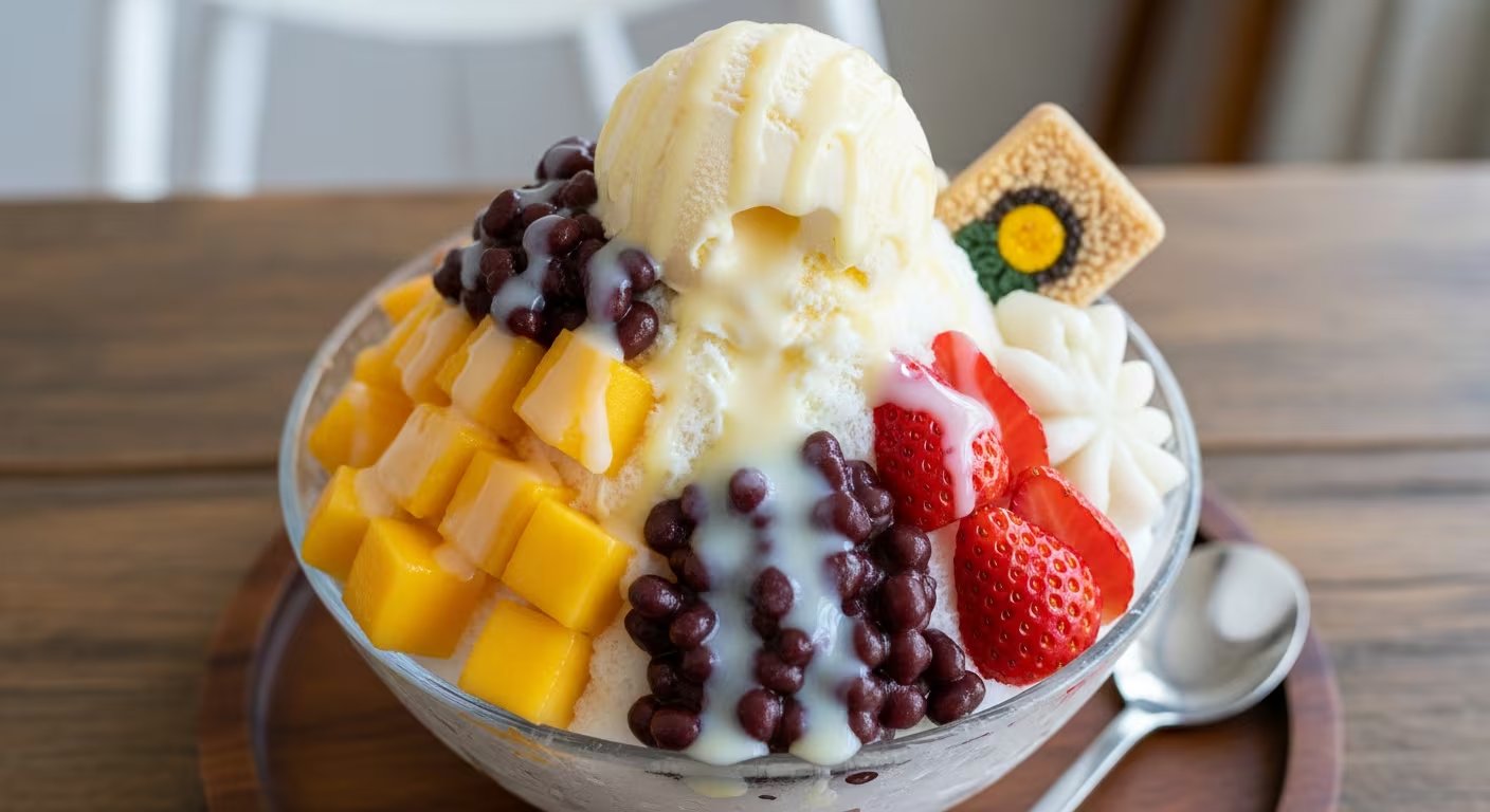 Un tazón de Bingsu coreano con hielo raspado, mango, fresas, frijoles rojos, helado de vainilla y leche condensada, ofreciendo una opción dulce y refrescante. (Imagen Ilustrativa Infobae)