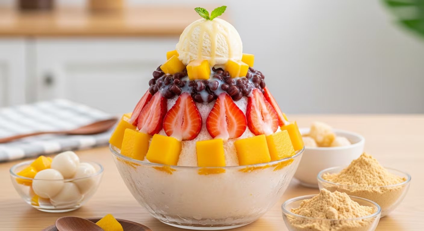 Un tazón grande de Bingsu coreano, un postre refrescante con hielo raspado, fresas, mango, frijoles rojos, helado de vainilla y leche condensada, servido sobre una mesa de madera con otros ingredientes. (Imagen Ilustrativa Infobae)