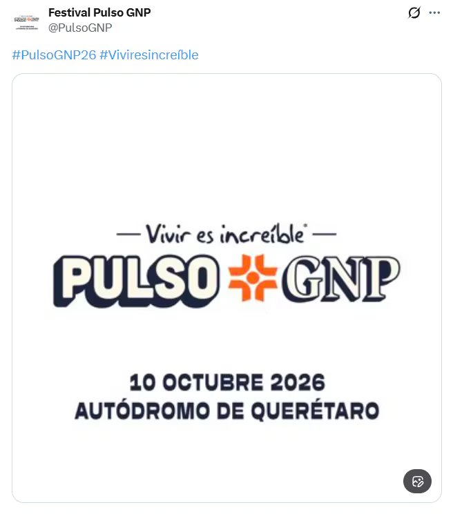 El Pulso GNP 2026 confirma su regreso al Bajío con séptima edición el 10 de octubre en el Autódromo de Querétaro. (X/ @PulsoGNP)