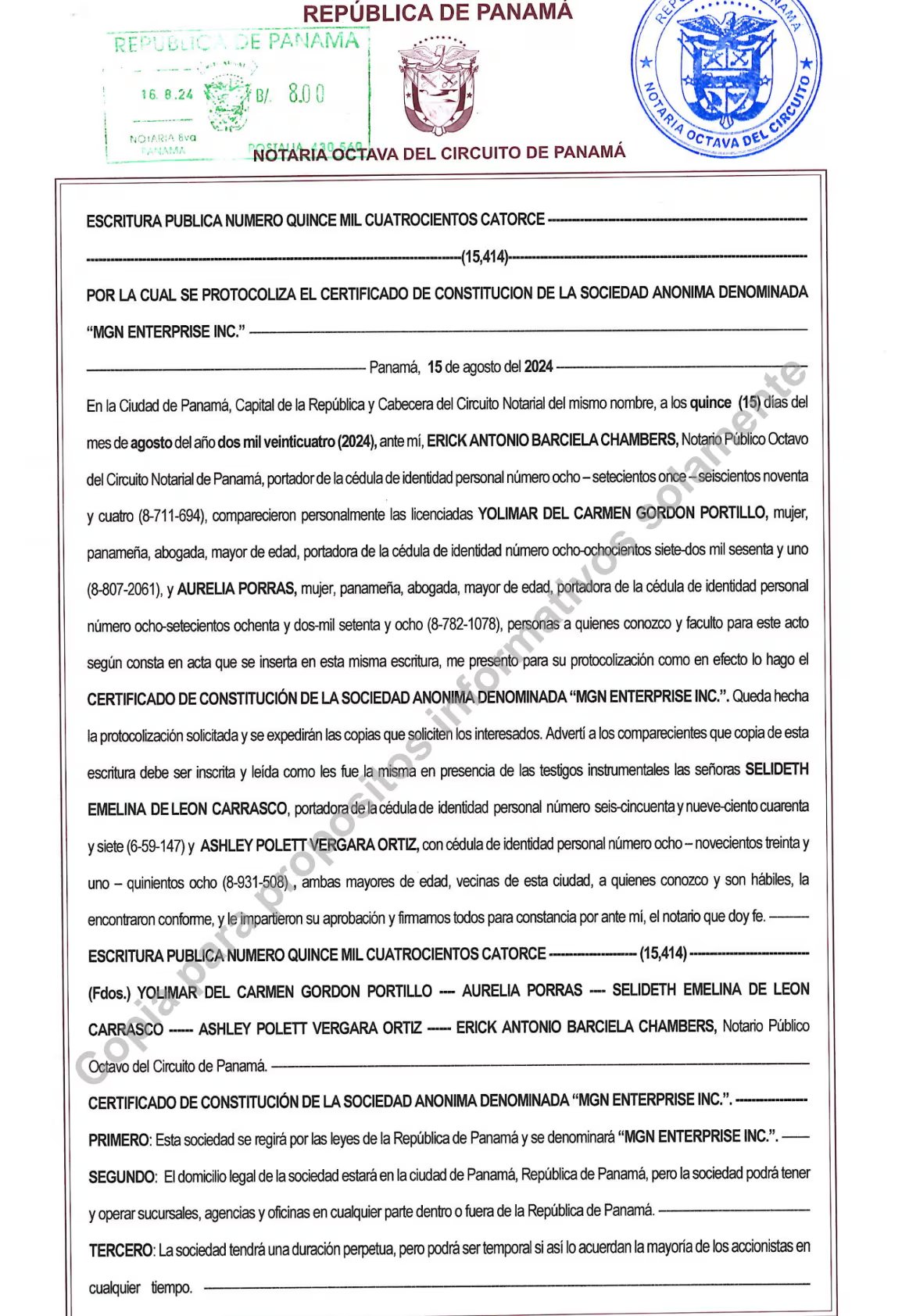 Escritura de constitución de MGN Enterprise INC en Panamá