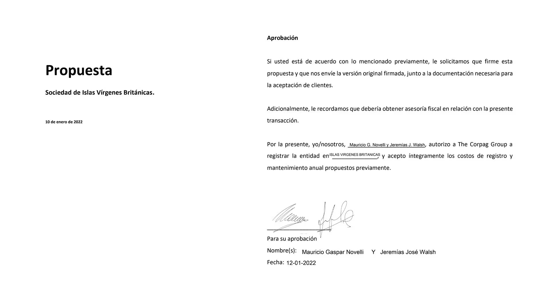 Aceptación de la propuesta de apertura de la firma en BVI firmada por Novelli y Walsh