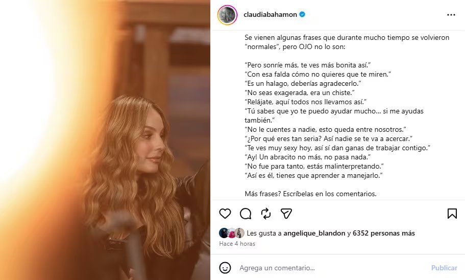 La presentadora añadió en su publicación una serie de frases que normalizan el acoso en espacios laborales - crédito @claudiabahamon/Instagram