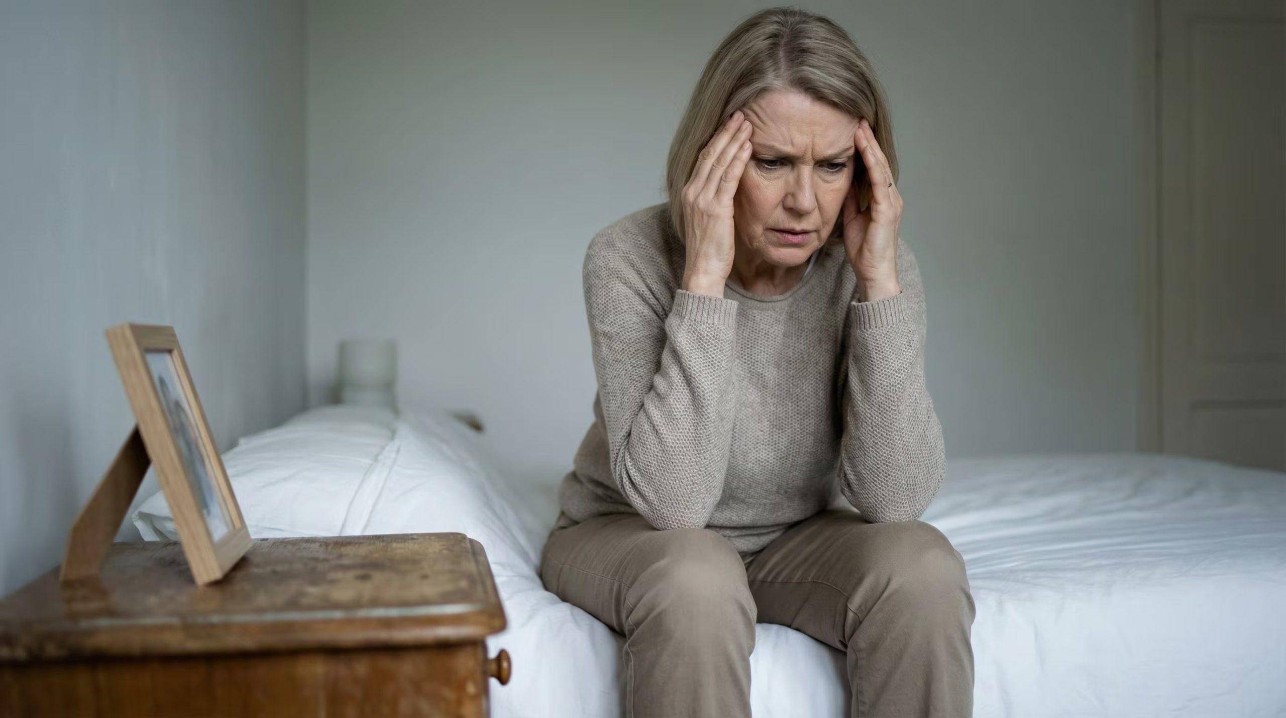 Una mujer de mediana edad se agarra la cabeza con una expresión preocupada, sentada en su cama, reflejando posibles signos de pérdida de memoria. (Imagen Ilustrativa Infobae)