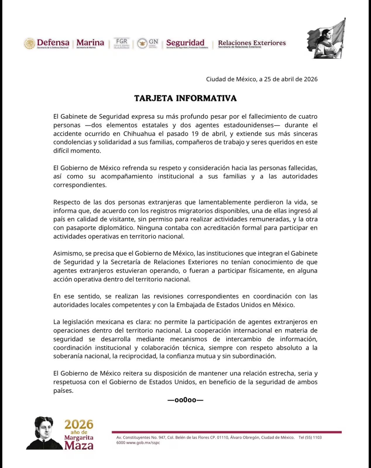 El Gobierno de México dio a conocer que de los dos agentes que estaban en territorio mexicano, uno ingresó al país en calidad de visitante (X: @GabSeguridadMX)