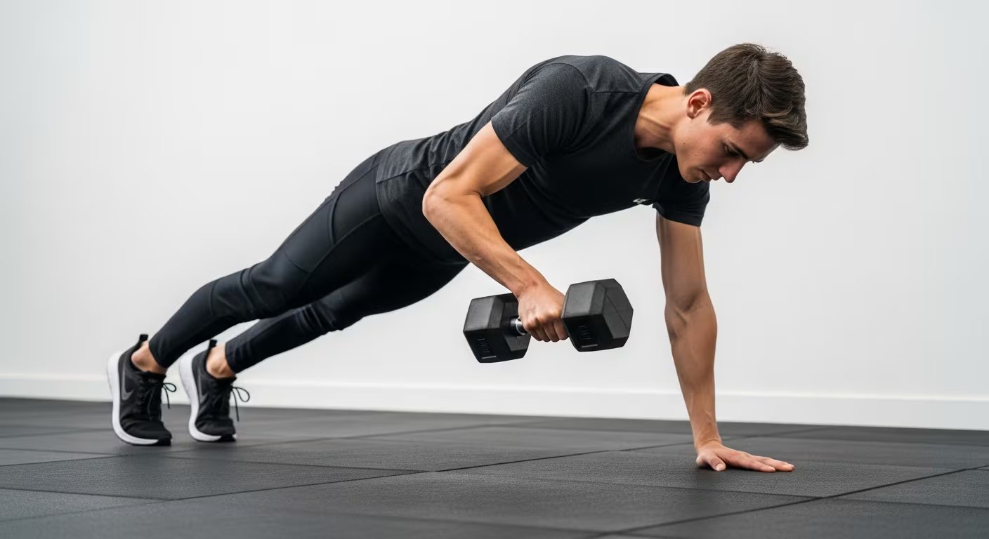 La plancha con arrastre de mancuerna destaca como ejercicio clave para desarrollar estabilidad abdominal y fortalecer el core en casa (Imagen Ilustrativa Infobae)