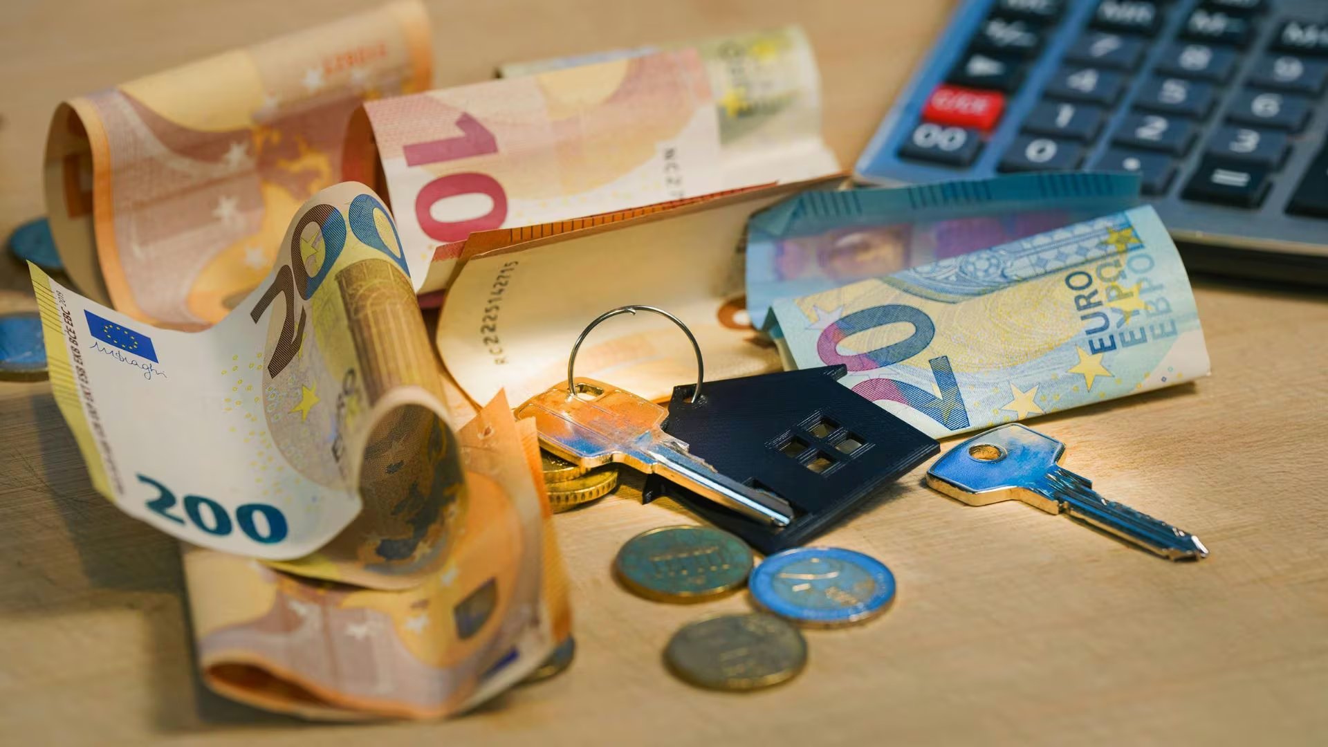 Varios billetes y monedas de euro junto a unas llaves de casa y una calculadora (Canva)