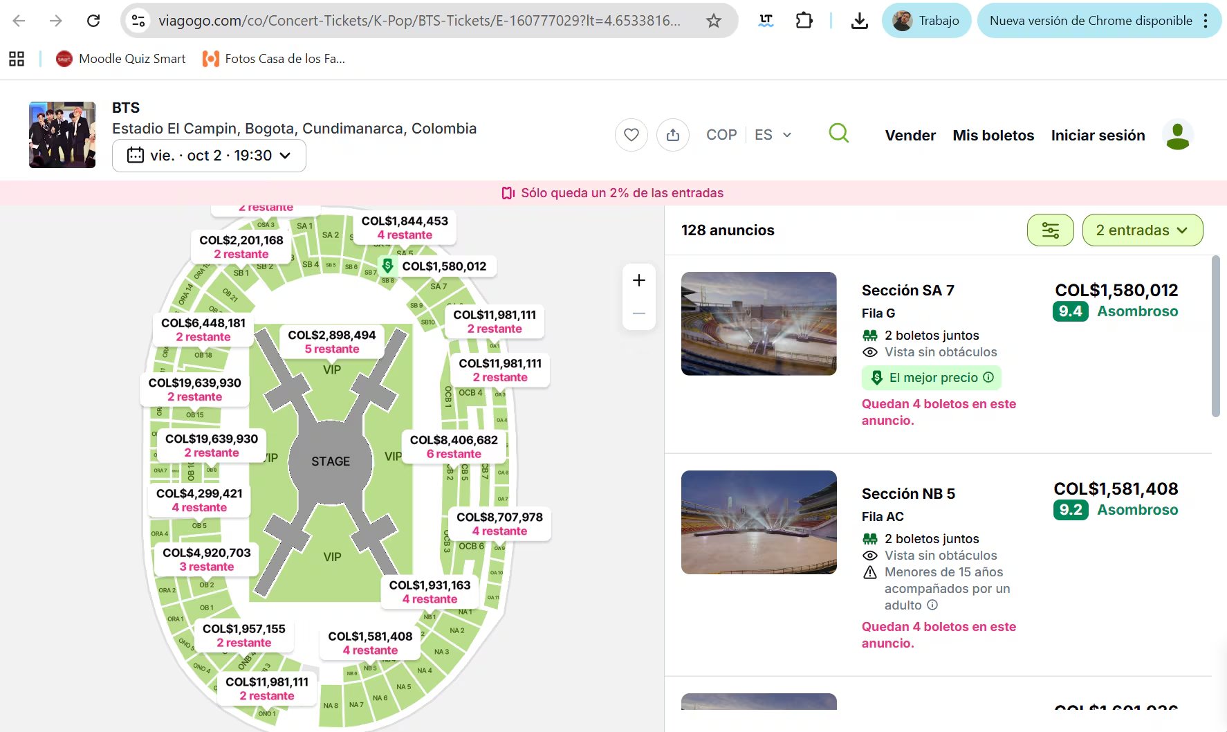 Entradas de hasta 19 millones de pesos se estarían revendiendo en una página web dedicada a esa dinámica - crédito Viagogo Web