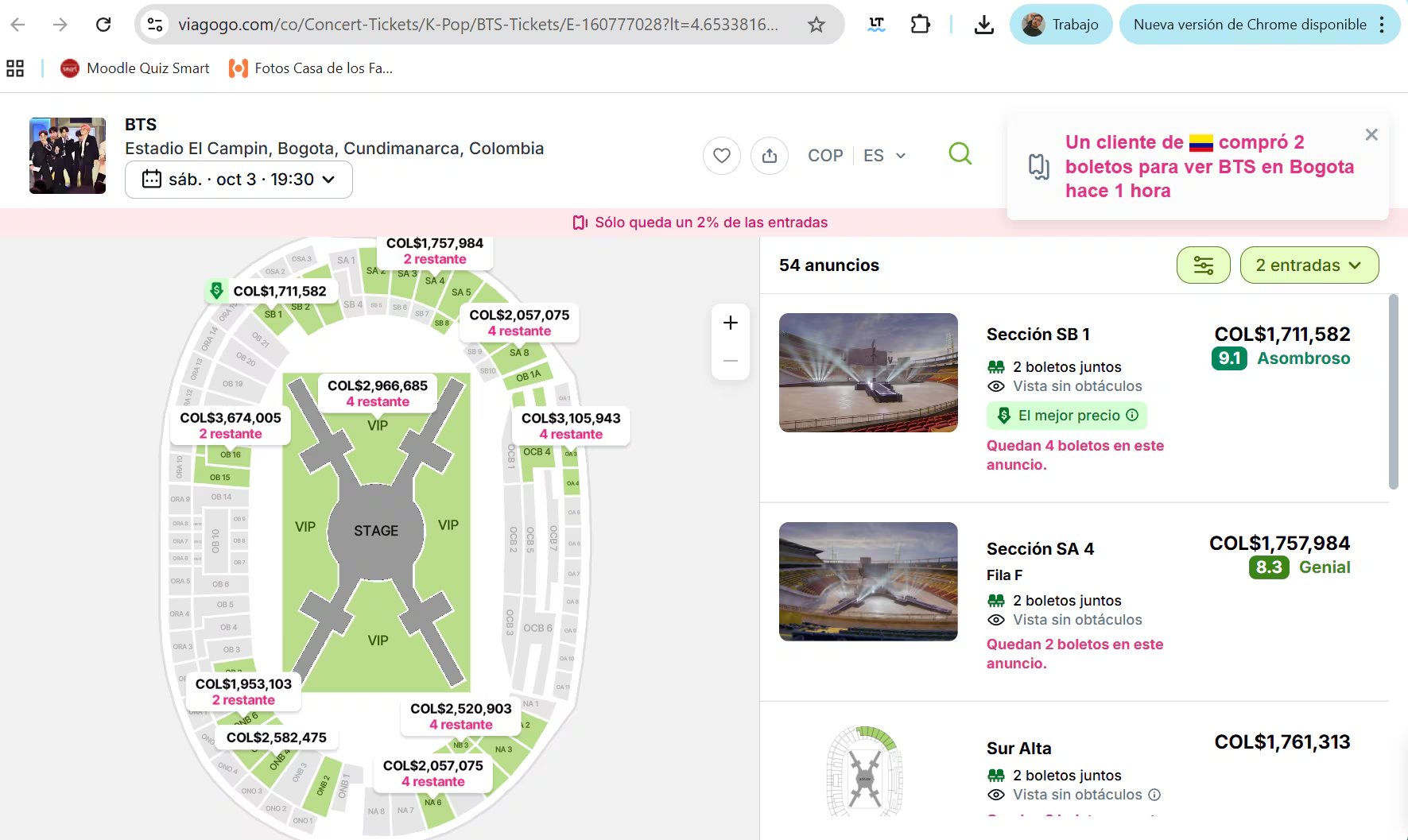 En la segunda fecha los precios disminuyen significativamente - crédito Viagogo Web