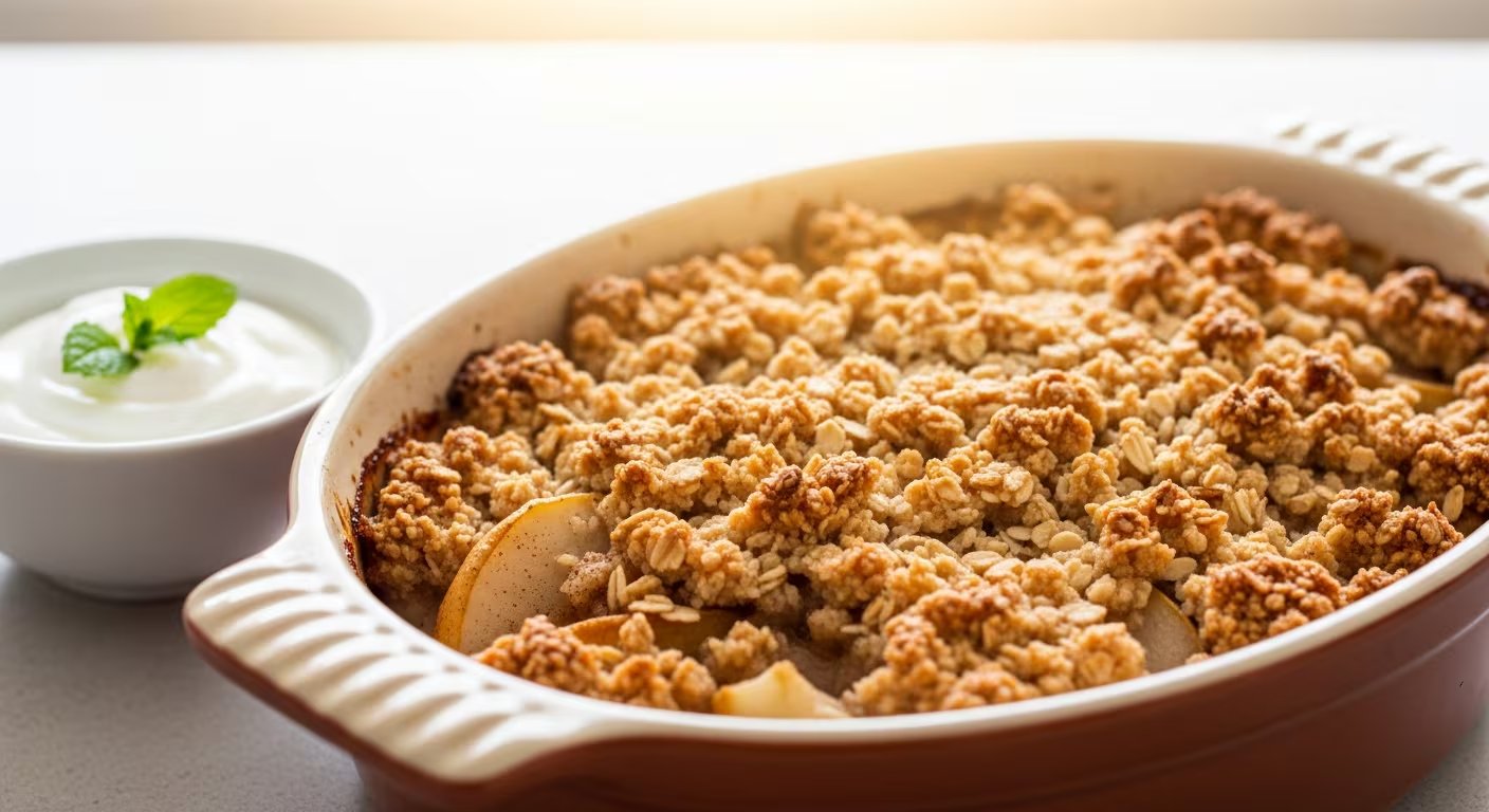 Un crumble crocante de pera y manzana recién horneado se presenta en un molde de cerámica con un topping dorado y un tazón de yogur natural al costado, destacando un fondo luminoso. (Imagen Ilustrativa Infobae)