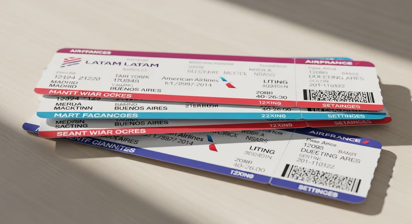 Una pila de pasajes de avión de varias aerolíneas, incluyendo Airfrance, LATAM y American Airlines, simboliza el resurgimiento de los viajes aéreos y la creciente conectividad global. (Imagen Ilustrativa Infobae)