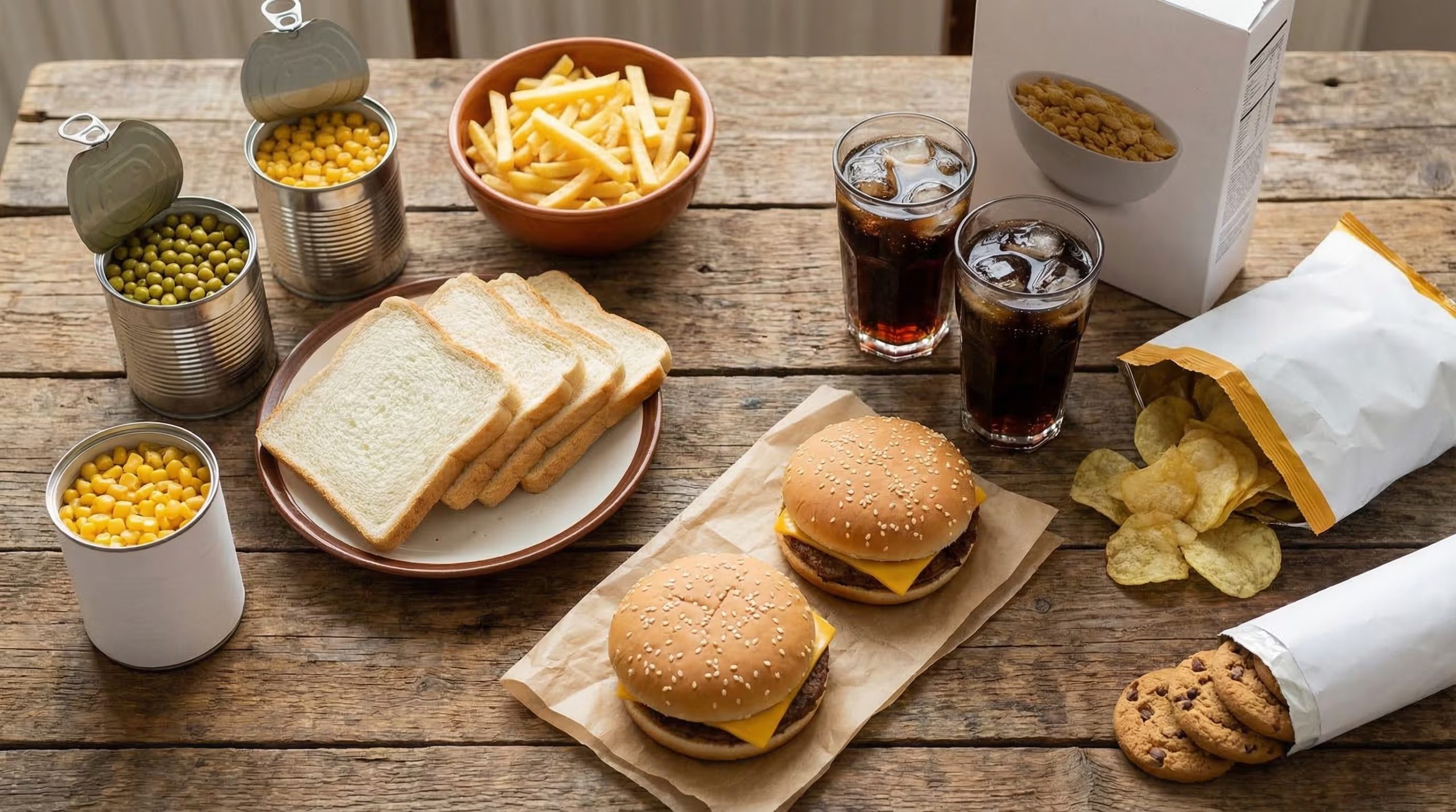 Los alimentos procesados y ultraprocesados, incluyen hamburguesas, papas fritas, gaseosas, galletas y cereales. (Imagen Ilustrativa Infobae)