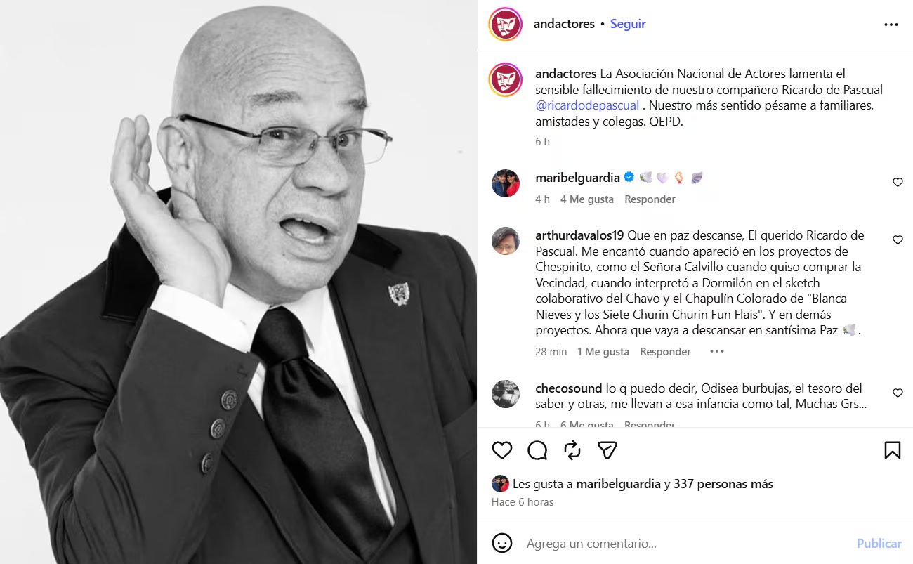 La Asociación Nacional de Actores (ANDA) anunció el lamentable fallecimiento de Ricardo de Pascual, actor mexicano conocido por su extensa trayectoria en televisión y cine. (ANDA: Instagram)
